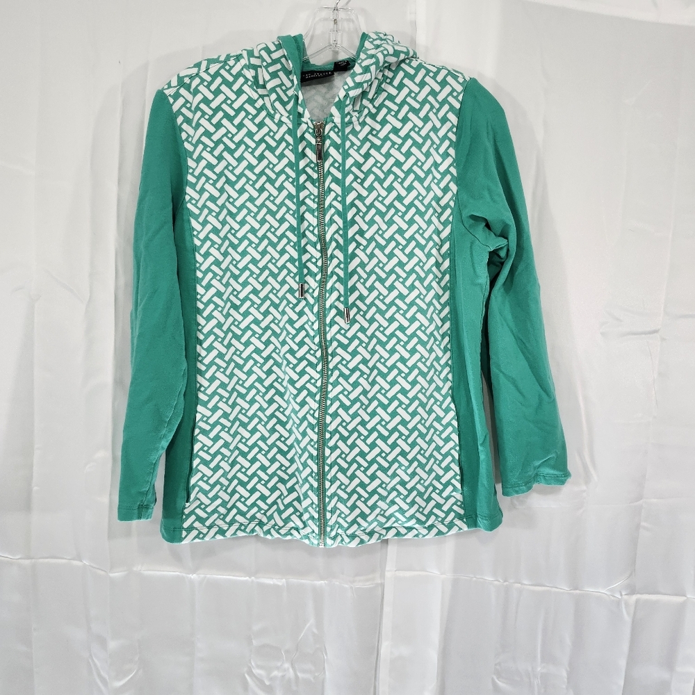 Susan Gravel Size Medium Green and White Women's Full Zip Jacket Sweater